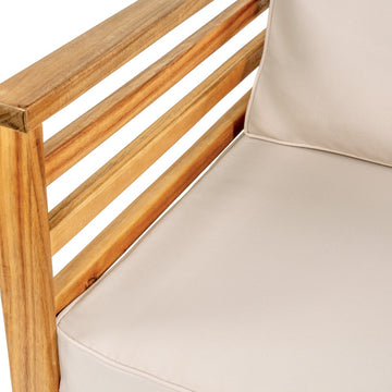 Thom 4-Piece Mid-Century Modern Acacia Wood Outdoor Patio Set with Cushions and Plaid Decorative Pillows - JONATHAN Y